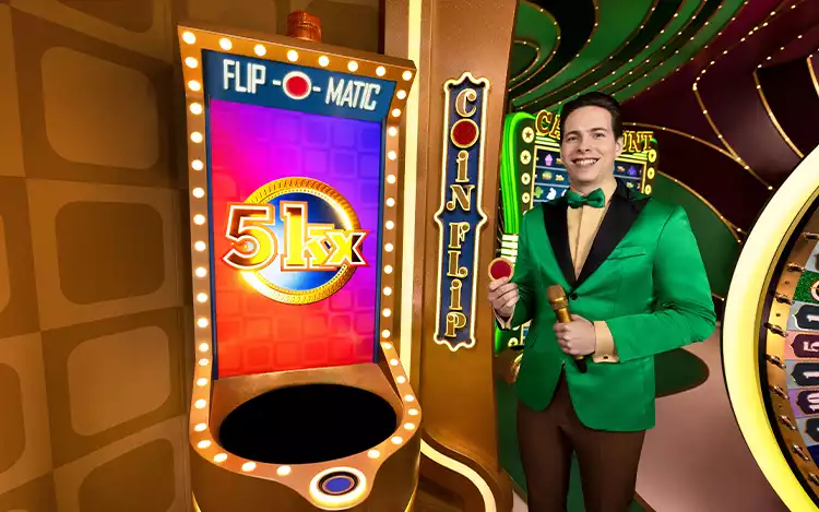 Coin Flip bonus: a red and a blue coin, each with a multiplier, before the flip.