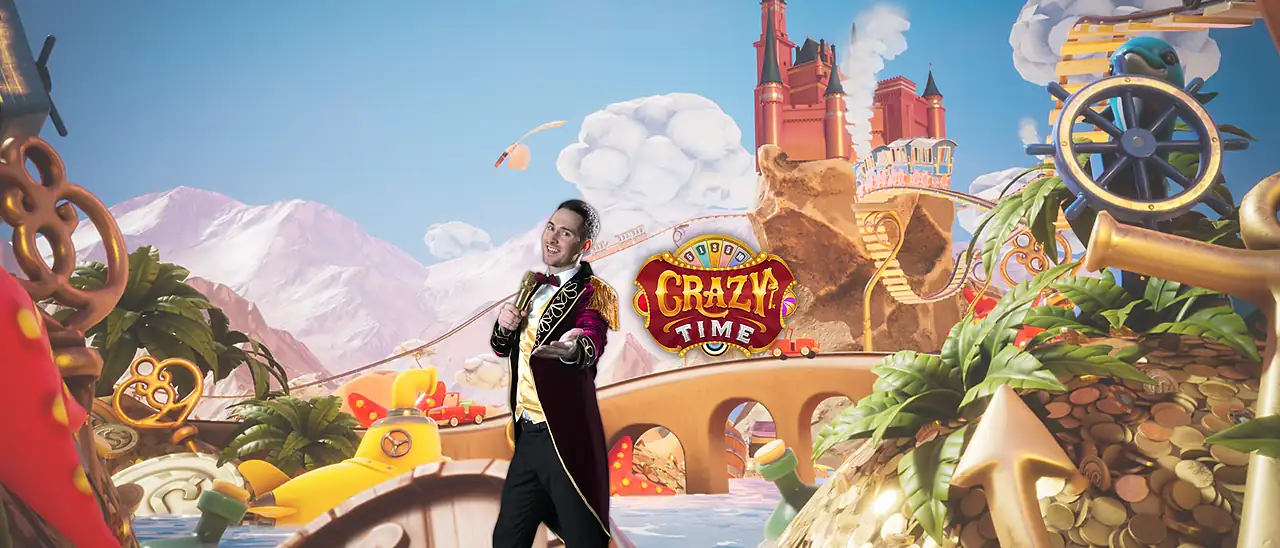Crazy Time live game show host standing beside the colourful money wheel in the carnival studio set.