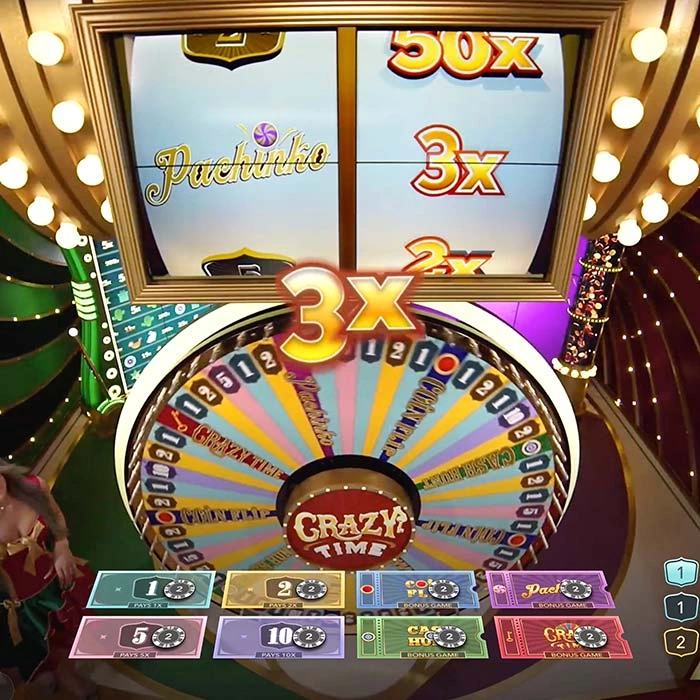 Main Crazy Time game round with the wheel mid-spin and the Top Slot multiplier reel above it.