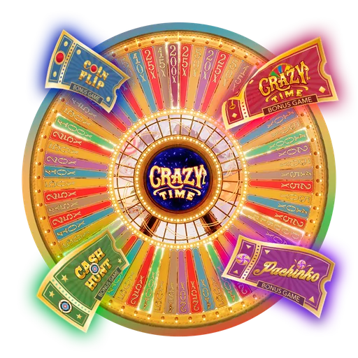 The Crazy Time bonus wheel, a 64-segment virtual wheel with double and triple slots.