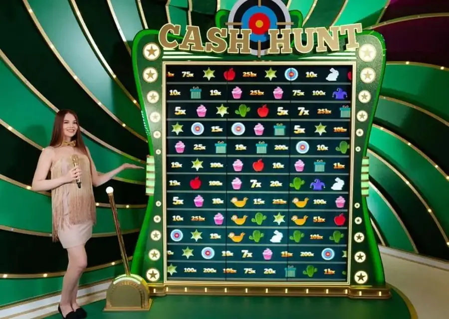 Cash Hunt bonus round: a grid of symbols hiding multipliers ready to be shot.