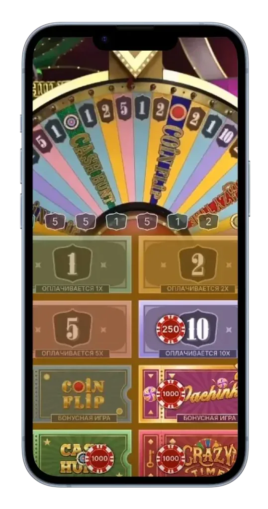 Crazy Time app running on a phone showing the live money wheel and the number and bonus bet panel.